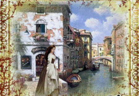 vintage venice - woman, painting, collage, vintage, old style, venice, jouses