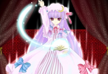 Patchouli Knowledge - book, cute, hot, anime girl, girl, ribbon, fantasy, magic, light, patchouli knowledge, touhou, glow, anime, purple hair, long hair, sexy, female