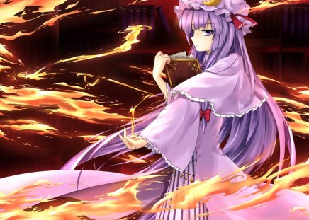 Patchouli Knowledge - purple eyes, book, black, cute, hot, anime girl, girl, fire, fantasy, magic, flame, patchouli knowledge, dark, anime, purple hair, long hair, sexy, blaze, female