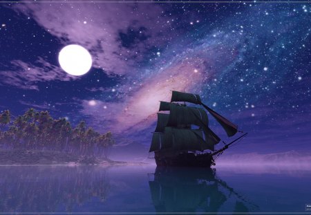 ✰Space of Galaxy✰ - scenery, Nature, Andromeda Galaxy, amazing, splendor, 3D Art, stars, Waterscapes, space, magnificent, splendid, purple, view, galaxy, sky, clouds, Ocean, beautiful, colors, lovely, cool, love, miracle, boats, Photoshop, colorful, moons, sailboat, Scenes, Digital Art