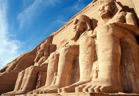 Abu Simbel Temples - sky, ancient, statue, egypt, abu simbel, beautiful, temples, clouds, architecture, monuments