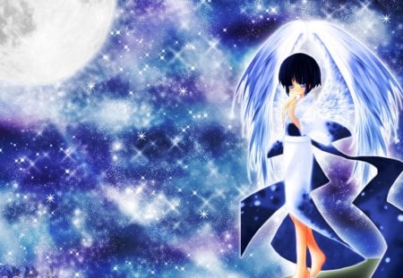 Anime Angel ~ - animewings, moon, blue, Worried, Anime, animegirl, Girl, wonderful, Sad, Angel, wings, cute, feathers, angelwings