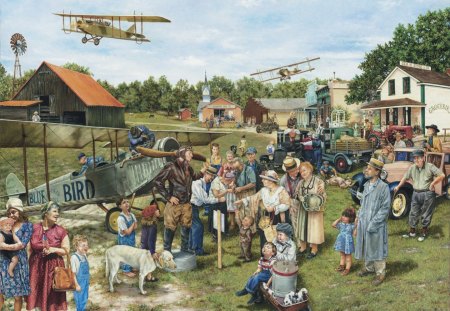 Sunday - people, sunday, child, airplane, nature, painting, village, art, life, dog, vintage, blue, fair, green, house, retro