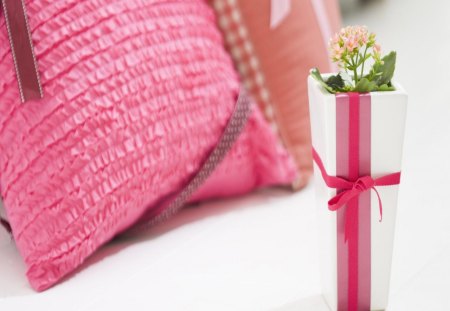 Girly Decor - vase, flower, ribbon, pink cushion