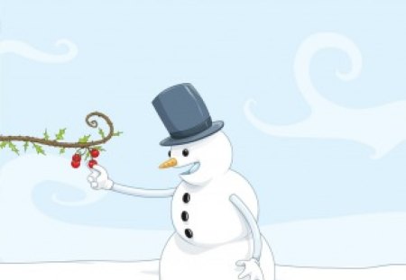 Mr Snow Man - berries, snowman, winter, tree branch, snow