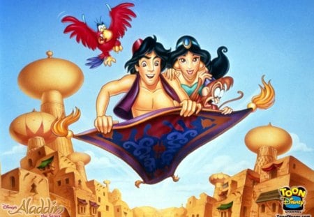 Aladdin - flying carpet, aladin, parrot, buildings