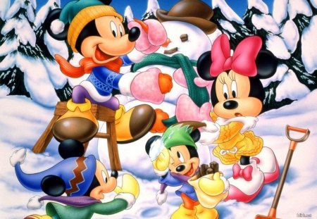 Winter Fun - snowman, trees, minnie, shovel, snow, winter, mickey