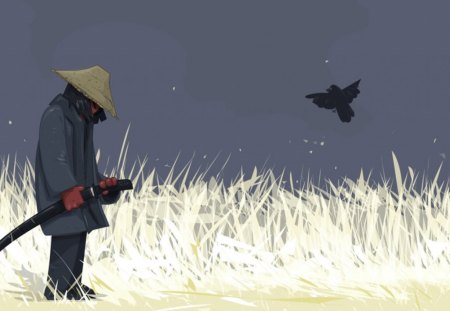 Samurai and bird - bird, grass, samaurai