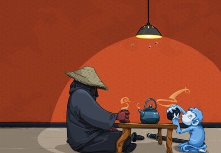 Samurai and Tea - tea cups, table, lamp, monkey, samurai