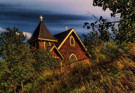 church - grass, trees, church