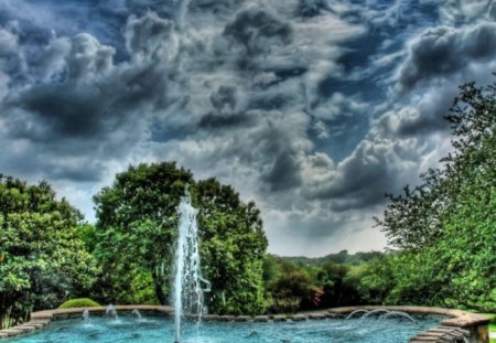 Aggressive Clouds - clouds, trees, fountain, pool