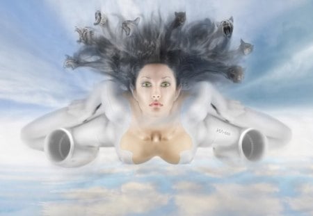 Flight - woman, sky, scifi, speed, clouds, jet packs, jets, science fiction