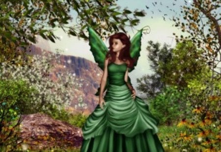 Fairy in Green - flower, flowers, abstract, sky, hill, fantasy, fairy, tree, green