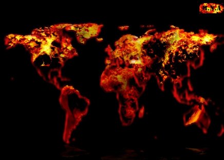 The World Going Down - map, globe, world, fire, continents, flame, earth