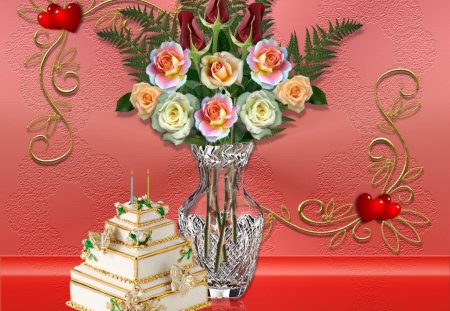 Cake and Roses - roses, vase, red heart, cake