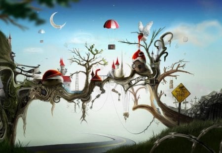 DRUG FREE ZONE - sky, trees, branch, bubbles, road, fantasy, paint, cross, white, yellow, castle, house, tree, little, ladder, moon, sign, objects, livingdoll, world, red, blue, other world, small, drug free zone