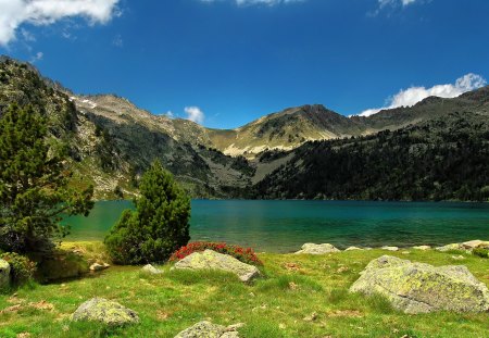 Pyrenees - nice, sky, greenery, mountainscape, reflection, pretty, clouds, emerald, green, pond, grass, pyrenees, lake, mountain, summer, shore, lovely, peaks, nature, beautiful, stones