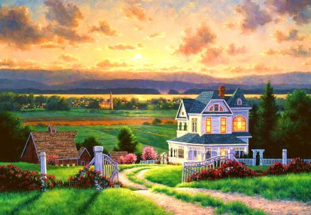 Countryside view - quiet, summer, cabin, grass, meadow, spring, light, calmness, path, countryside, view, field, sky, clouds, house, greenery, morning, village, afternoon, nature, green, painting, serenity, cottages, fiery, peaceful