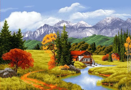 The mill - nice, cottage, trees, peaceful, water, stream, colorful, creek, painting, pretty, reflection, calmness, river, snowy, water mill, mountain, shore, mill, peaks, cabins, lovely, serenity, nature, village, forest, beautiful