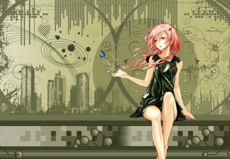 Yuzuriha Inori - sexy, hot, girl, female, long hair, pink hair, anime girl, guilty crown, butterfly, abstract, inori, yuzuriha inori, anime, cute