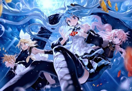 Vocaloid Members - hatsune, blue hair, twin tails, vocaloid, music, anime, miku, sea