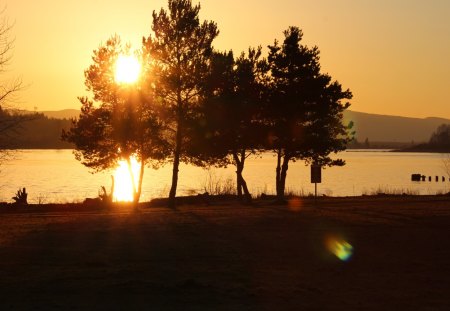 Sunset at the river - sky, sun, river, mountains, set