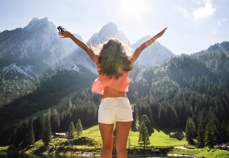 Beautiful Place - nature, sky, girl, blue, beautiful, mountains, tree, place