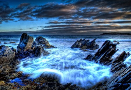 awesome rocky shore hdr - clouds, hdr, shore, sea, foam, rocks