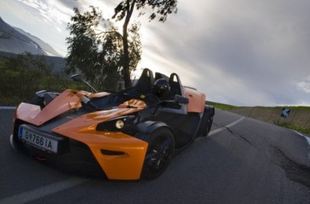 orange supercar - mountains, sport, car, highway, tree