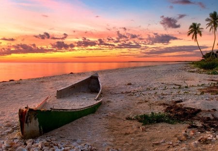 sunset on a broken canoe on a beach - beach, trees, clouds, canoe, sunset