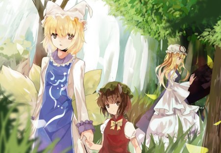 A Walk Through The Forest - girls, tails, anime, touhou, animal ears, forest