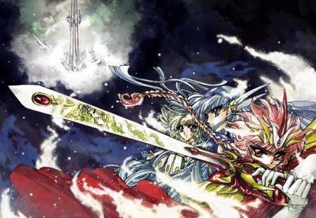 Magic Knight Rayearth - Fuu Hououji, fantasy, anime, magic, knights, Hikaru Shidou, Umi Ryuuzaki