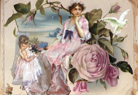 I love you Mom! - kid, girl, pink, vintage, mom, rose, bird