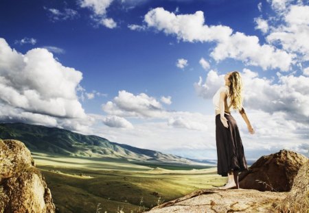 Girl stands on a hill - hill, girl, clouds, grass