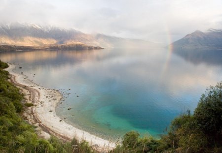 Rainbow on the lake - water, rainbow, lake, mountain