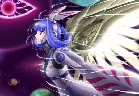 Flying through Space - space, cute, hot, anime girl, girl, wings, universe, fantasy, magic, light, 3d, armor, blue hair, glow, wing, anime, cg, long hair, sexy, planet, female, realistic, angel