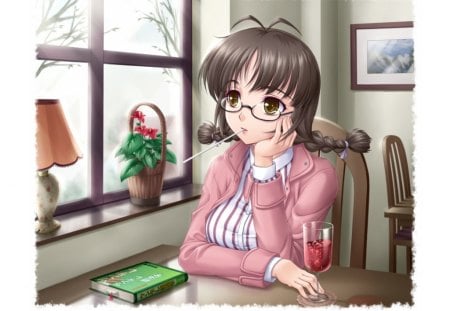 I'm Bored - female, hot, glasses, anime girl, sunglasses, book, brown hair, window, table, anime, cute, yellow eyes, sexy, girl, twintails, braids, long hair, chair