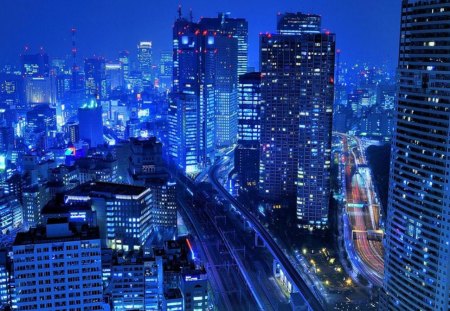 Blue night city (Tokyo) - city, night, tokyo, blue