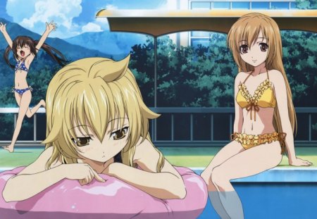 girls at pool side - bathing costume, water, big eyes, girl, lovely, long hair, girls, short hair, pool, cute, nice, bathing