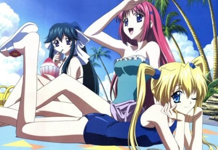 girls chilling out - costume, nice, bathing, sky, trees, bathing costume, black, rocks, yellow, clouds, green, cute, sexy, long hair, lovely, blanket, young, blue, two tails, laying down, sitting up