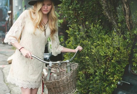 Tender blonde on a bicycle - bicycle, tender, hat, blonde