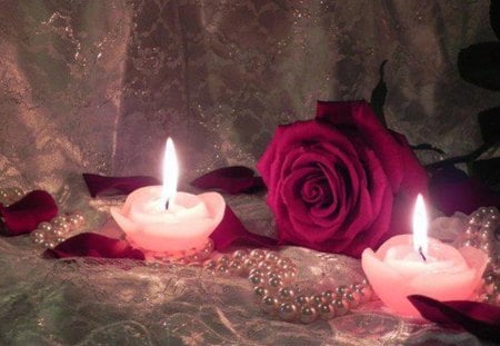 roses and candles - roses, pink, beauty, light, candles, pearls