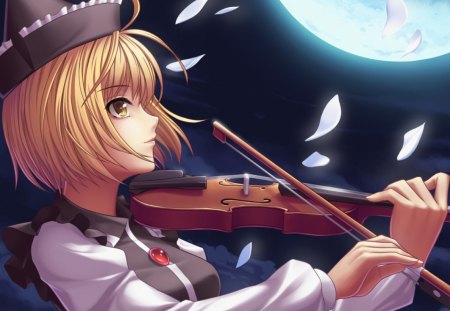 Midnight Melody - realistic, female, hot, music, blond, anime girl, blond hair, blonde hair, petals, anime, cute, short hair, moon, sexy, melody, girl, night, cg, 3d, violin, blonde