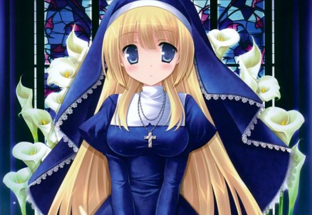 Cute Nun - anime, nuns, kawaii, female, blue, blonde, blond hair, long hair, blond, blue eyes, anime girl, hot, locket, girl, blush, blonde hair, flower, petals, necklace, sisters, cute, floral, cross, sexy