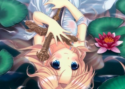 Girl n Sword - realistic, female, hot, blond, water, anime girl, blade, blond hair, blonde hair, petals, anime, sword, pond, cute, sexy, girl, blue eyes, long hair, wet, cg, lotus, kawaii, floral, 3d, water lily, weapon, lily pads, blonde, flower