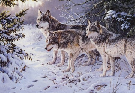 Wolfpack in Snow - nature, predator, trees, wild, artwork