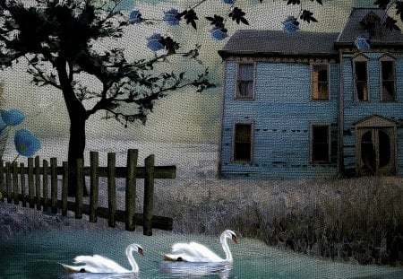 The Lake House - peacock feathers, bird, abstract, blue, lake, swan, fence, field, texture, house, tree, nature