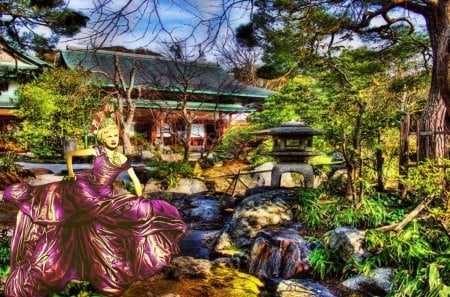 Beauty - woman, blackground, tree, house, hdr, brook