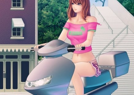 Lady Scooter - purple eyes, cute, happy, maiden, beautiful, hot, anime girl, girl, lady, stair, motorbike, pretty, beauty, sweet, brown hair, anime, scooter, long hair, building, staircase, nice, lovely, sexy, smile, female, house, motorcycle