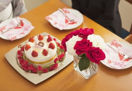 Food at the table - cake, strawberry, fork, table, food, plate, flower